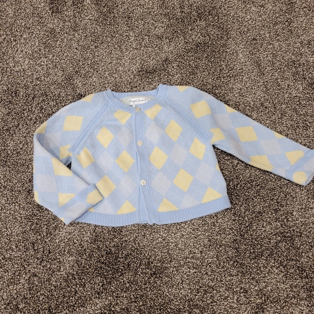 Ralph Lauren Baby Blue Yellow Argyle Cotton Knit Cardigan Sweater 12M